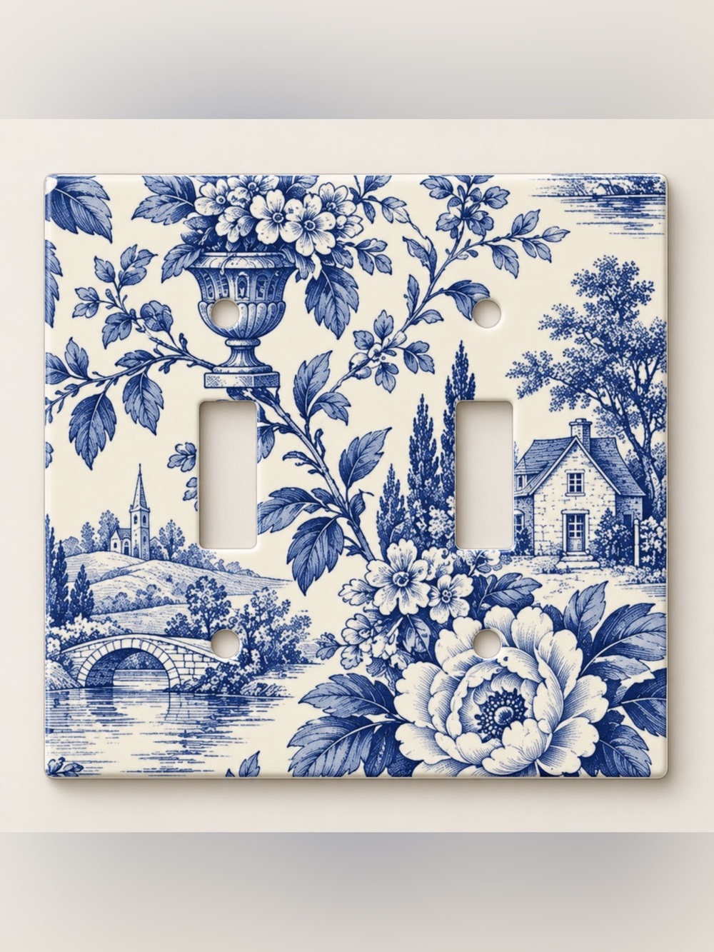 Blue White Toile Floral Cottage Rocker GFCI Wall Plate Cover Midway Size